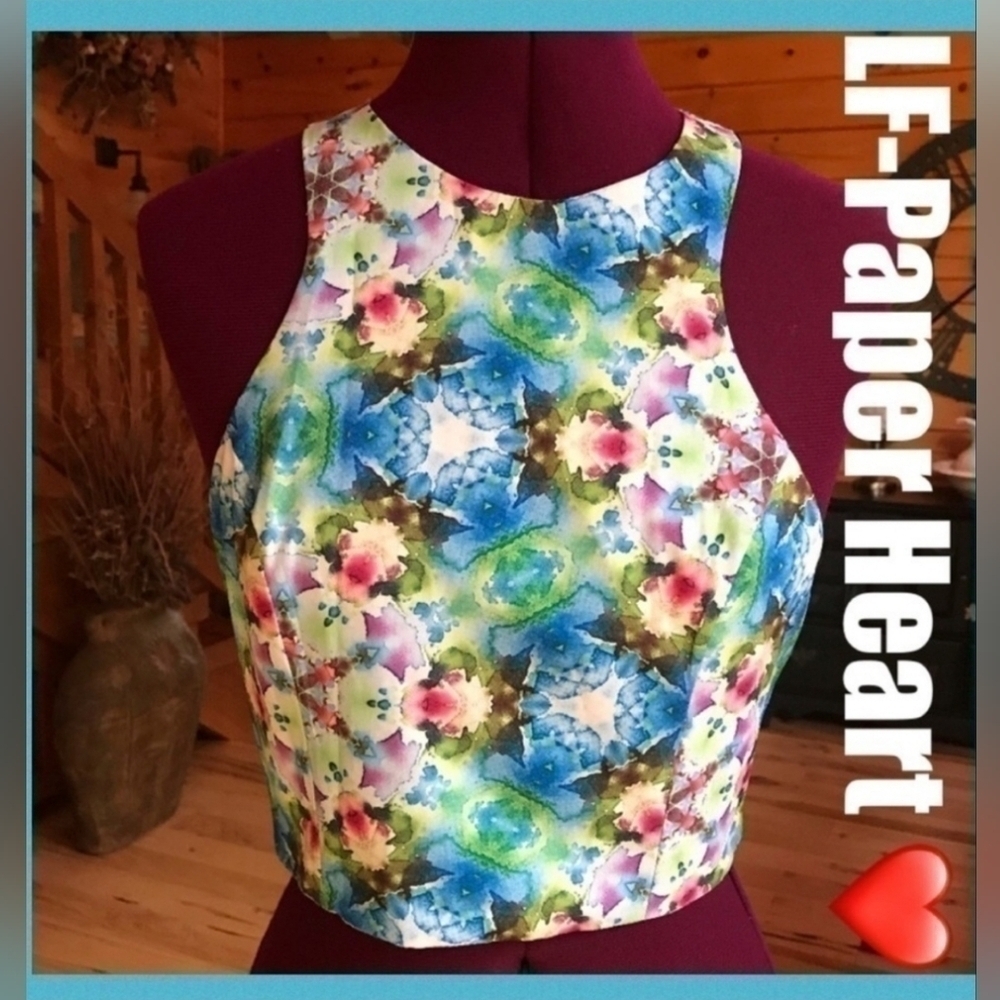 LF Crop Top Tank Top Sleeveless Boho Kaleidoscope Watercolor Print S 12 Zippered